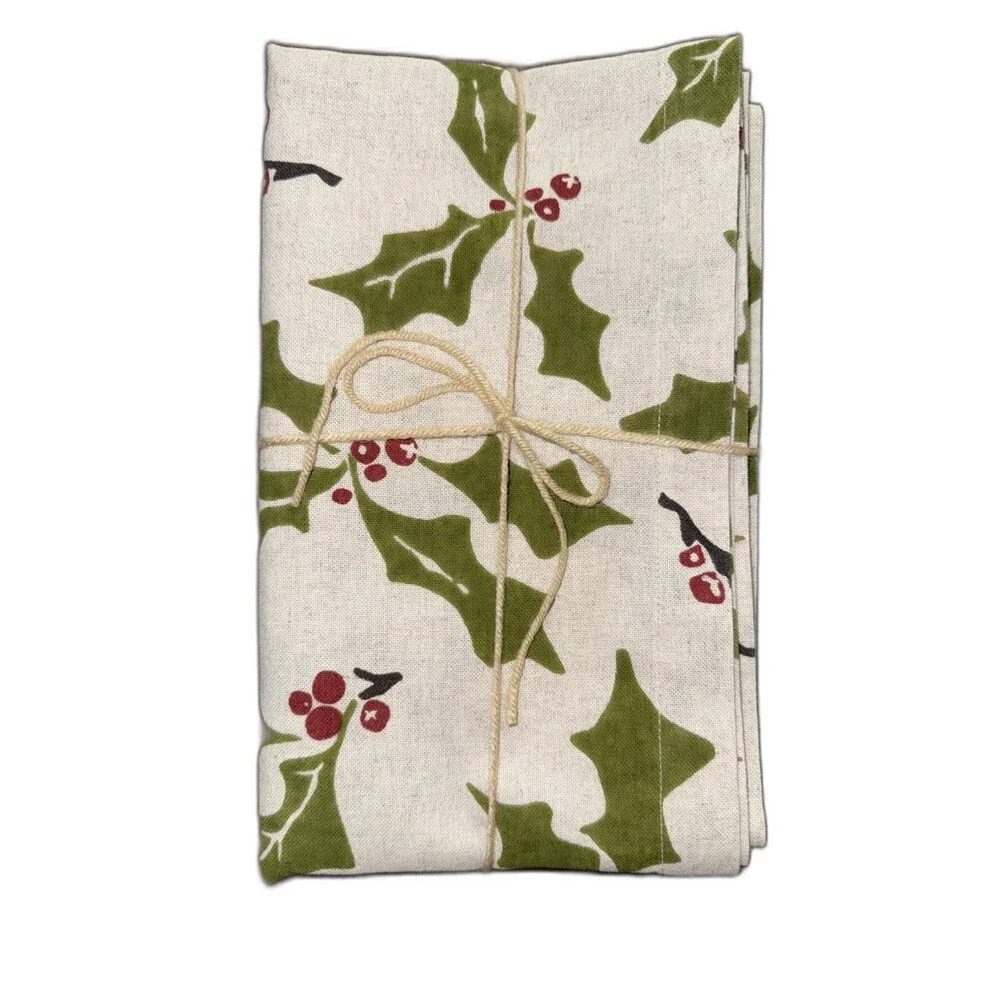 Crate & Barrel Holly Table Runner 14x90 Cotton Linen Christmas Holiday Berries